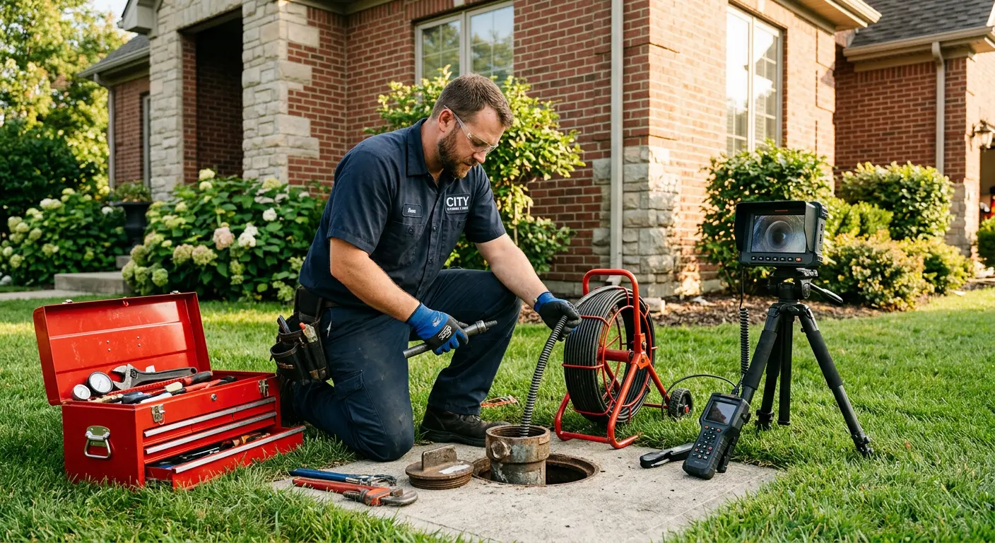 Sewer specialist with camera equipment servicing a cleanout in Creston